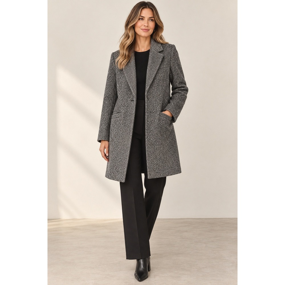 Cole Haan Herringbone Wool Blend Long Coat Gray Black Size 10